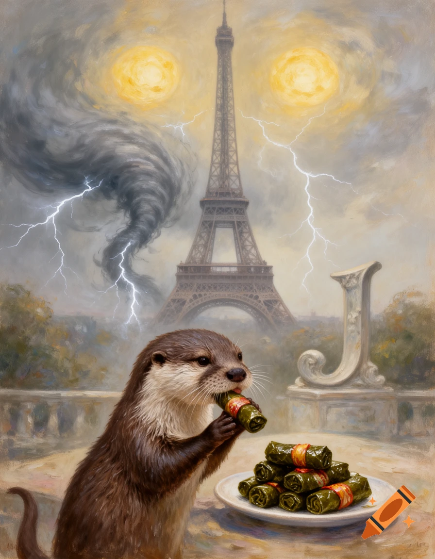 An otter eats dolmas on a balcony overlooking the Eiffel Tower, under a stormy sky with a tornado, lightning, two yellow suns, and a sculpted J, in an impressionistic painting style.