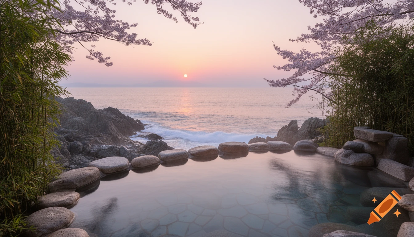 Photorealistic image of a Japanese hot spring by a rocky ocean coast at ...