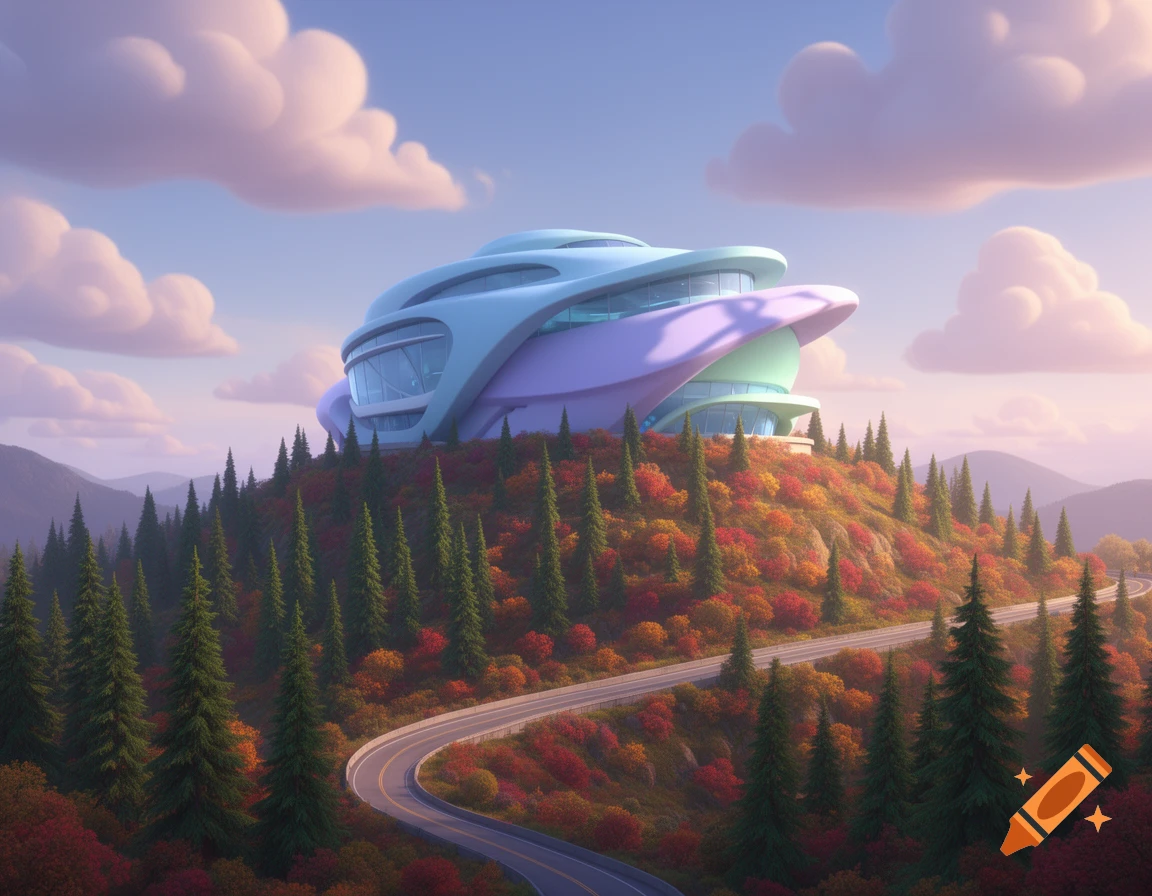 A futuristic light blue and purple science museum building on a hill with fall-colored trees and a winding highway below, in Pixar style.