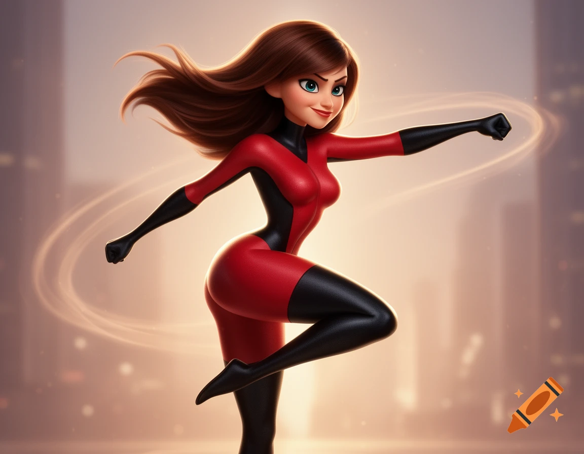 A stylized cartoon female superhero in a red and black suit poses dynamically against a glowing cityscape.