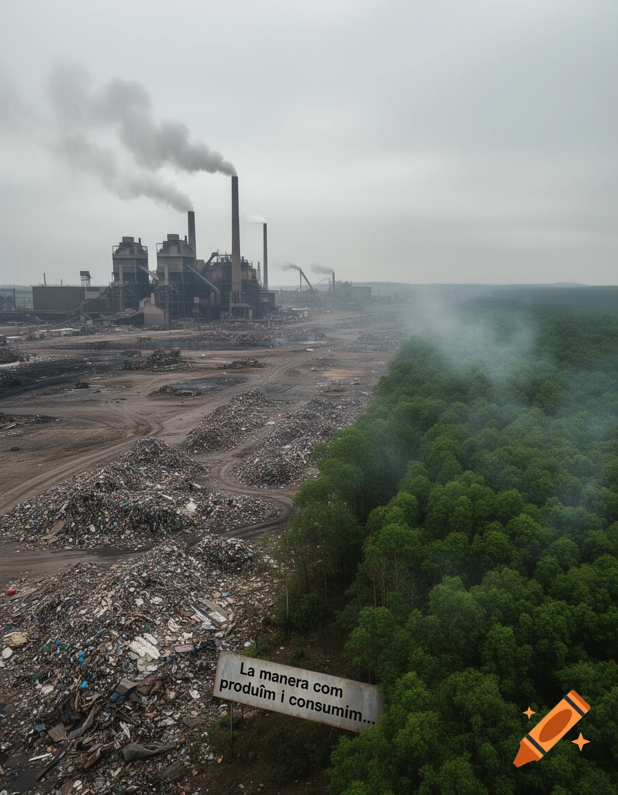 Aerial view of a factory and trash heaps contrasting with a green forest, under a cloudy sky. A sign reads 'La manera com produïm i consumim...'