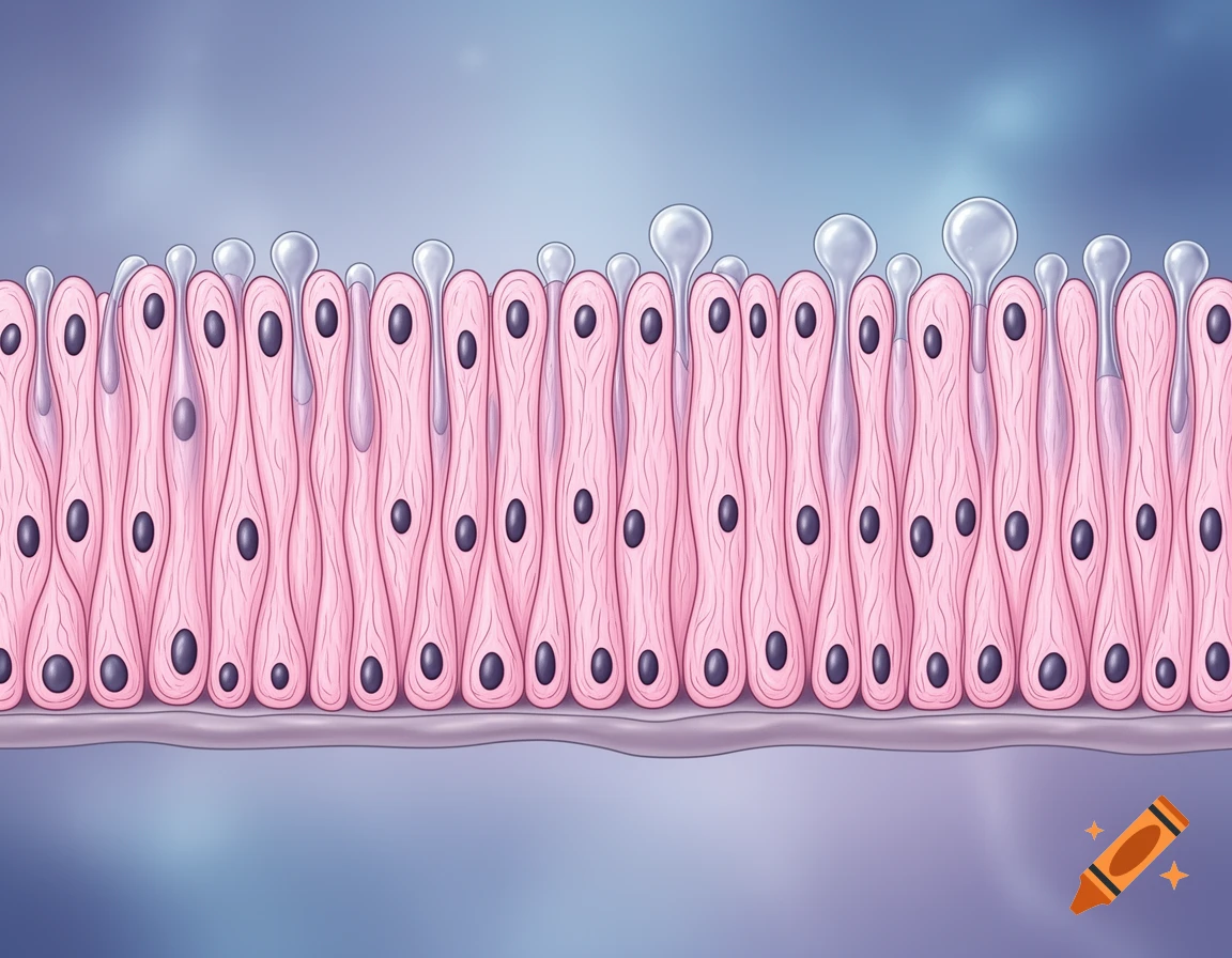 Microscopic illustration of pink simple columnar epithelial cells with nuclei, basement membrane, and goblet cells secreting mucus.