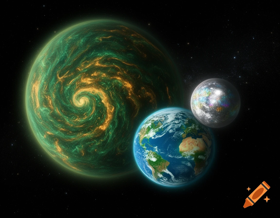 A large green and orange swirling planet, Earth, and a smaller mottled grey and colorful moon float in dark space.