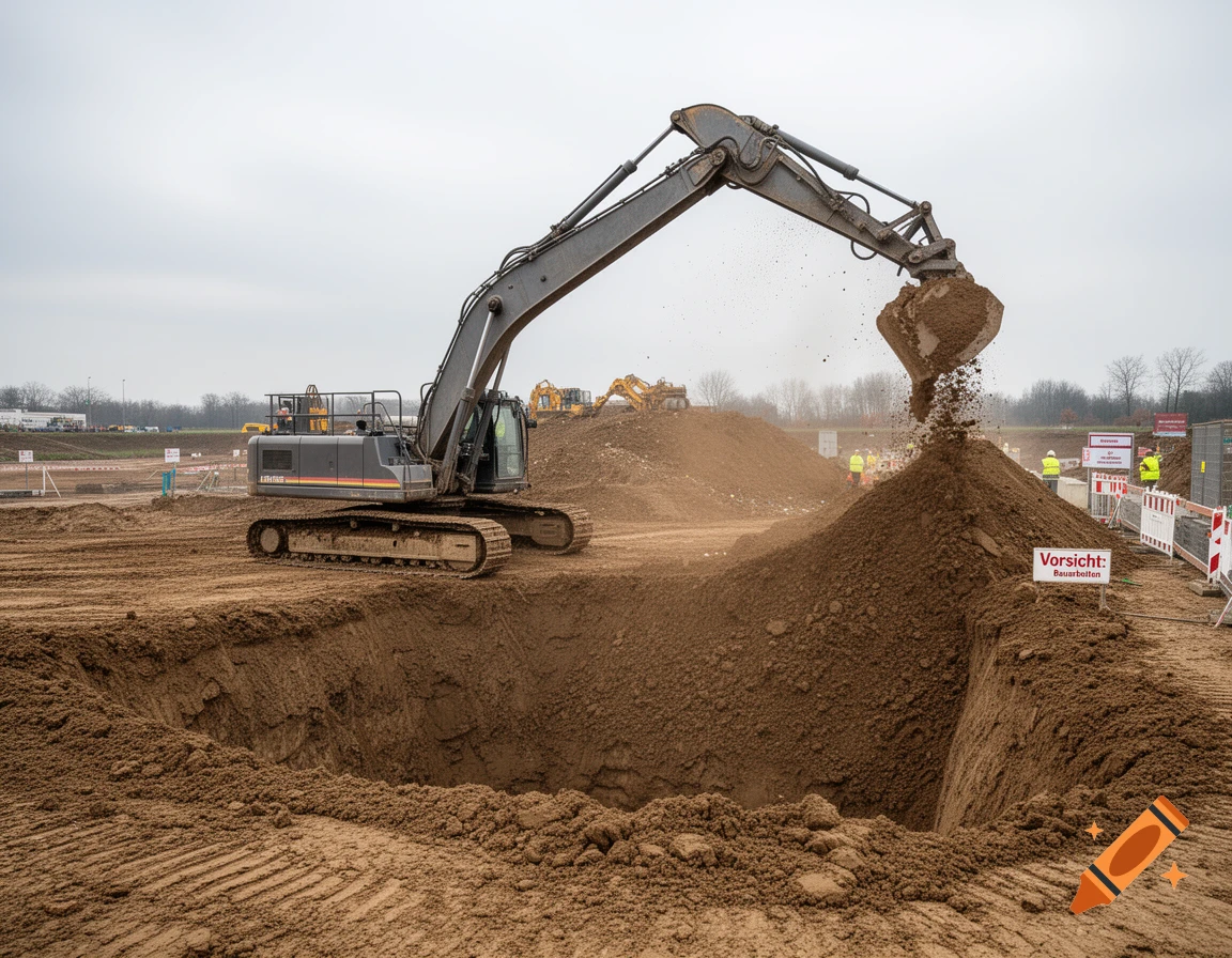 A large grey excavator digs a deep pit, piling up brown earth at a construction site under an overcast sky.