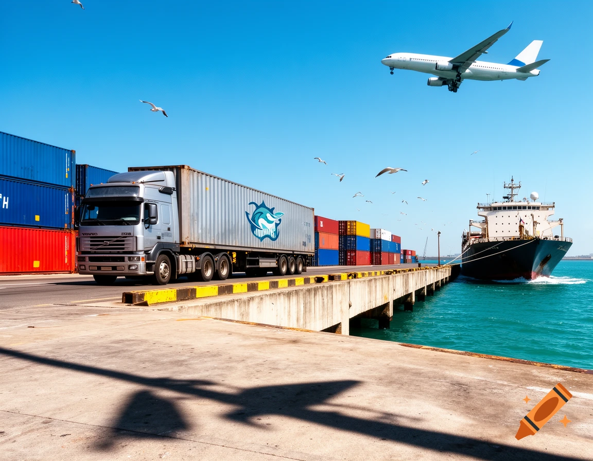 A silver semi-truck, stacked containers, and a cargo ship at a port, with an airplane flying above, under a clear blue sky.