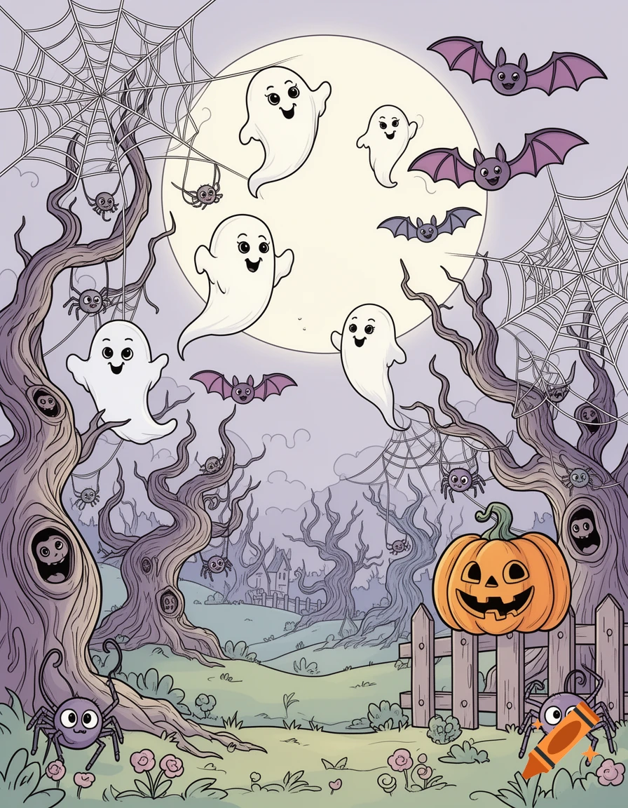 Cartoon illustration of a spooky Halloween night with smiling ghosts, bats, spiders, and a jack-o'-lantern by twisted trees under a full moon.