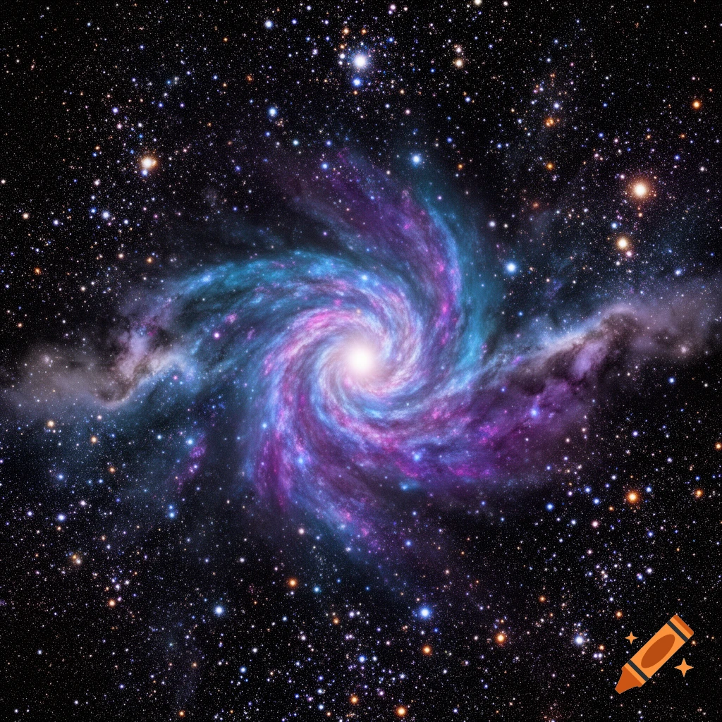 A vibrant spiral galaxy with purple and blue gas clouds, surrounded by countless stars in deep space.