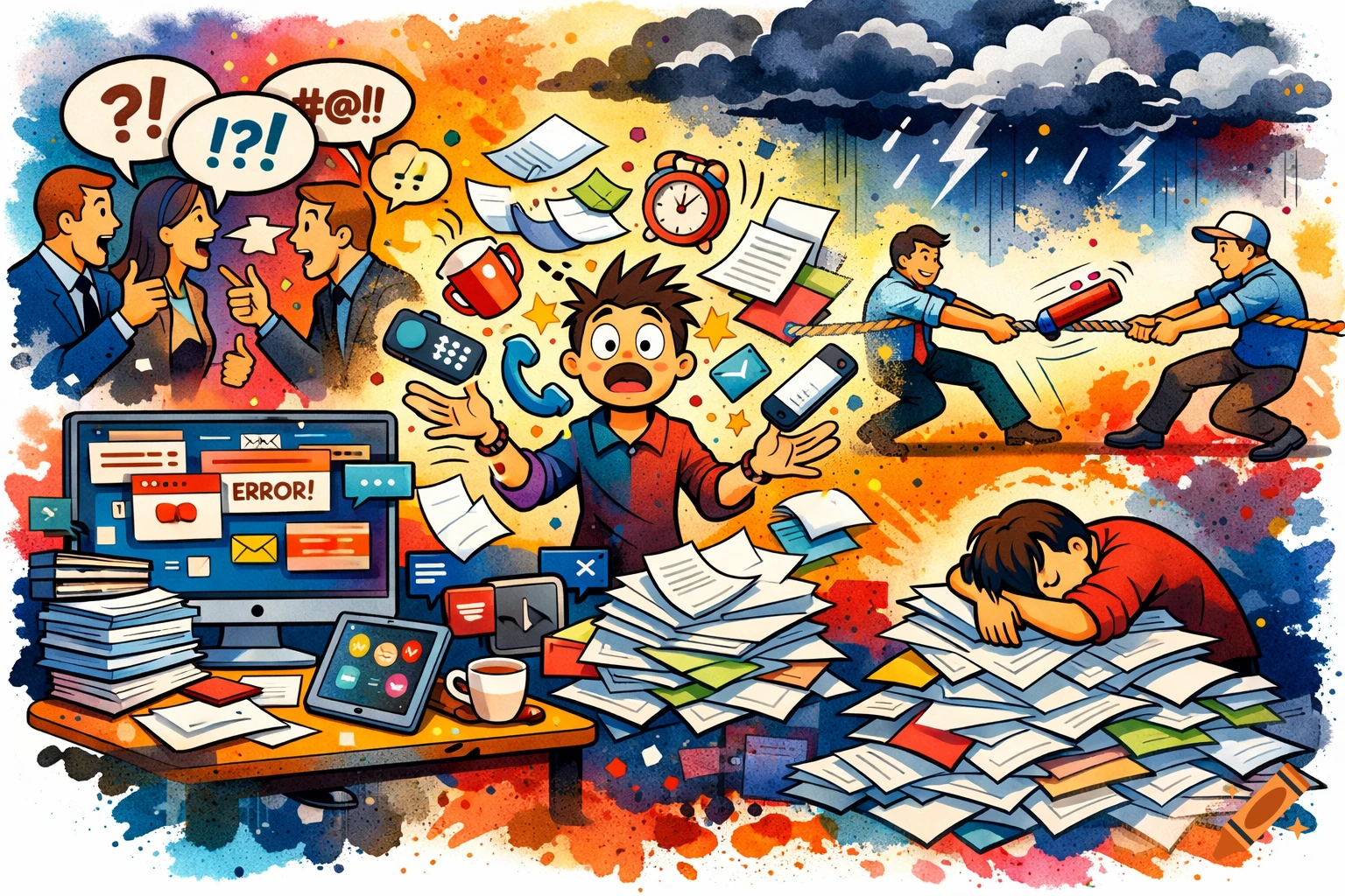 A cartoon illustration showing people overwhelmed by work, stress, and miscommunication, with a desk piled with papers and stormy weather.
