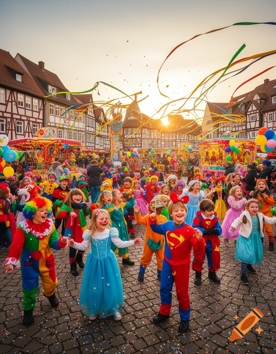 A vibrant photograph of children in colorful costumes dancing amidst confetti and ribbons at a sunny outdoor carnival with half-timbered houses.