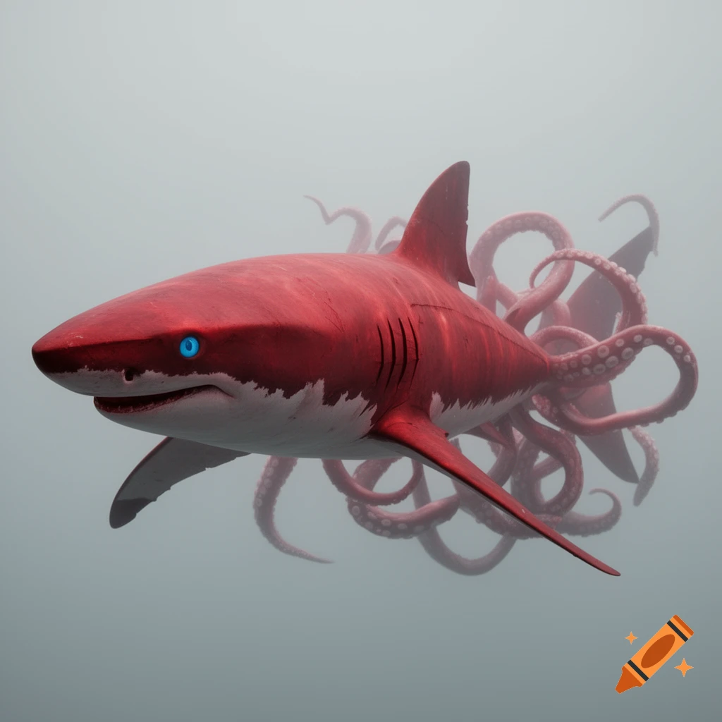 A red shark with bright blue eyes and octopus tentacles instead of a tail, swims in a murky grey underwater environment.