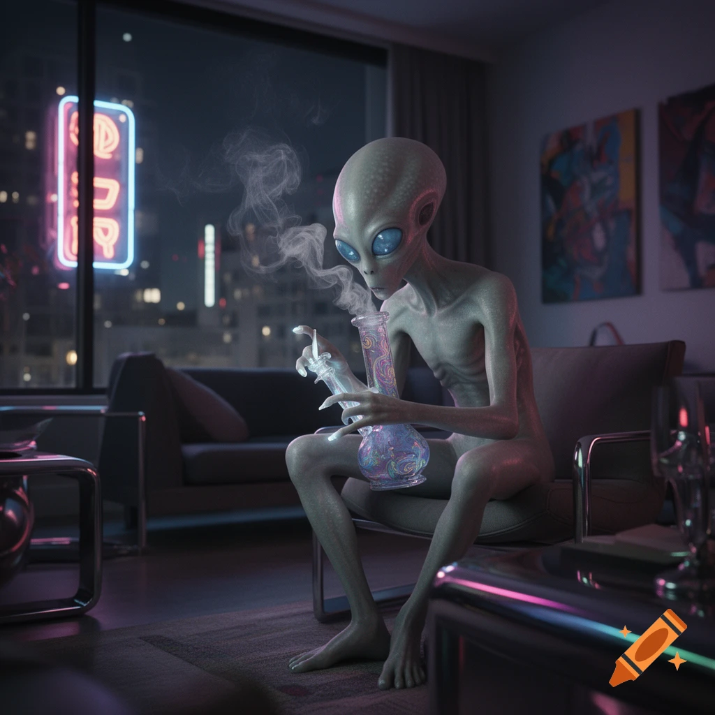 A grey alien with large blue eyes smokes from a colorful bong, sitting in a dimly lit modern apartment overlooking a city at night.