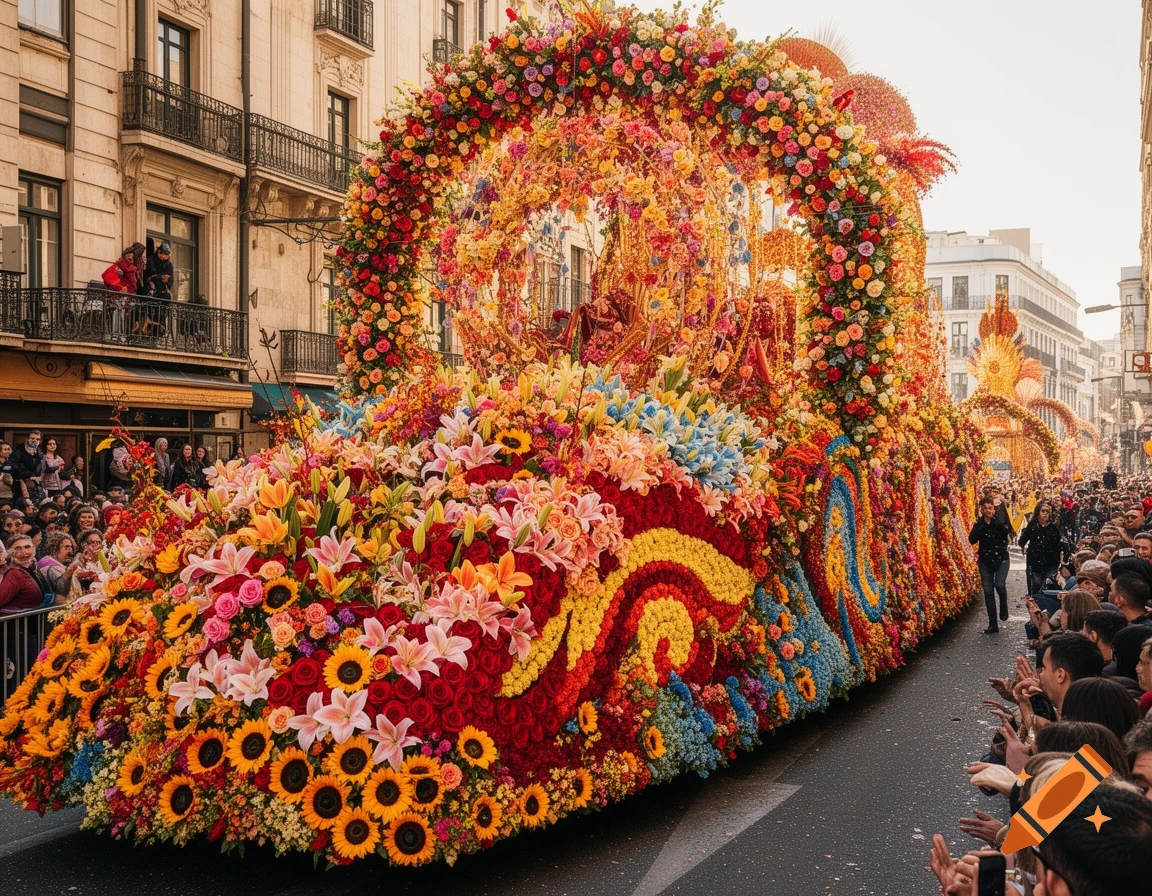 A vibrant carnival parade float elaborately decorated with colorful flowers, including sunflowers and roses, moving down a street lined with buildings and cheering spectators.