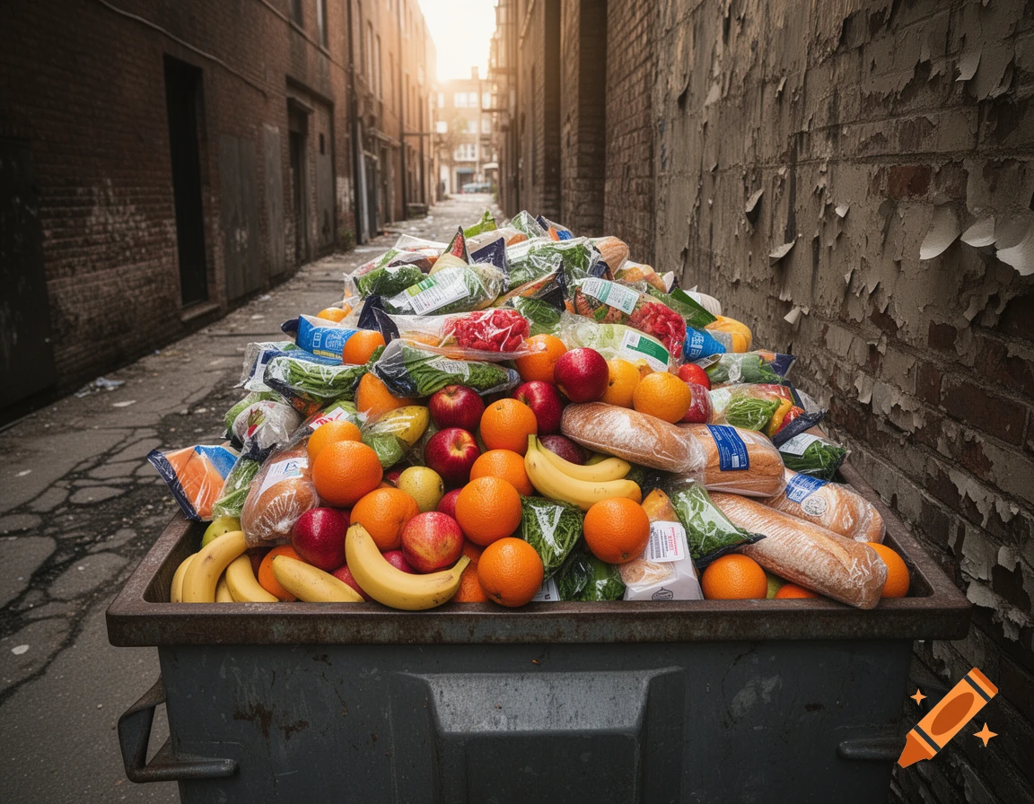 A photorealistic image of a dumpster overflowing with fresh fruits, vegetables, and bread in a dirty urban alleyway.