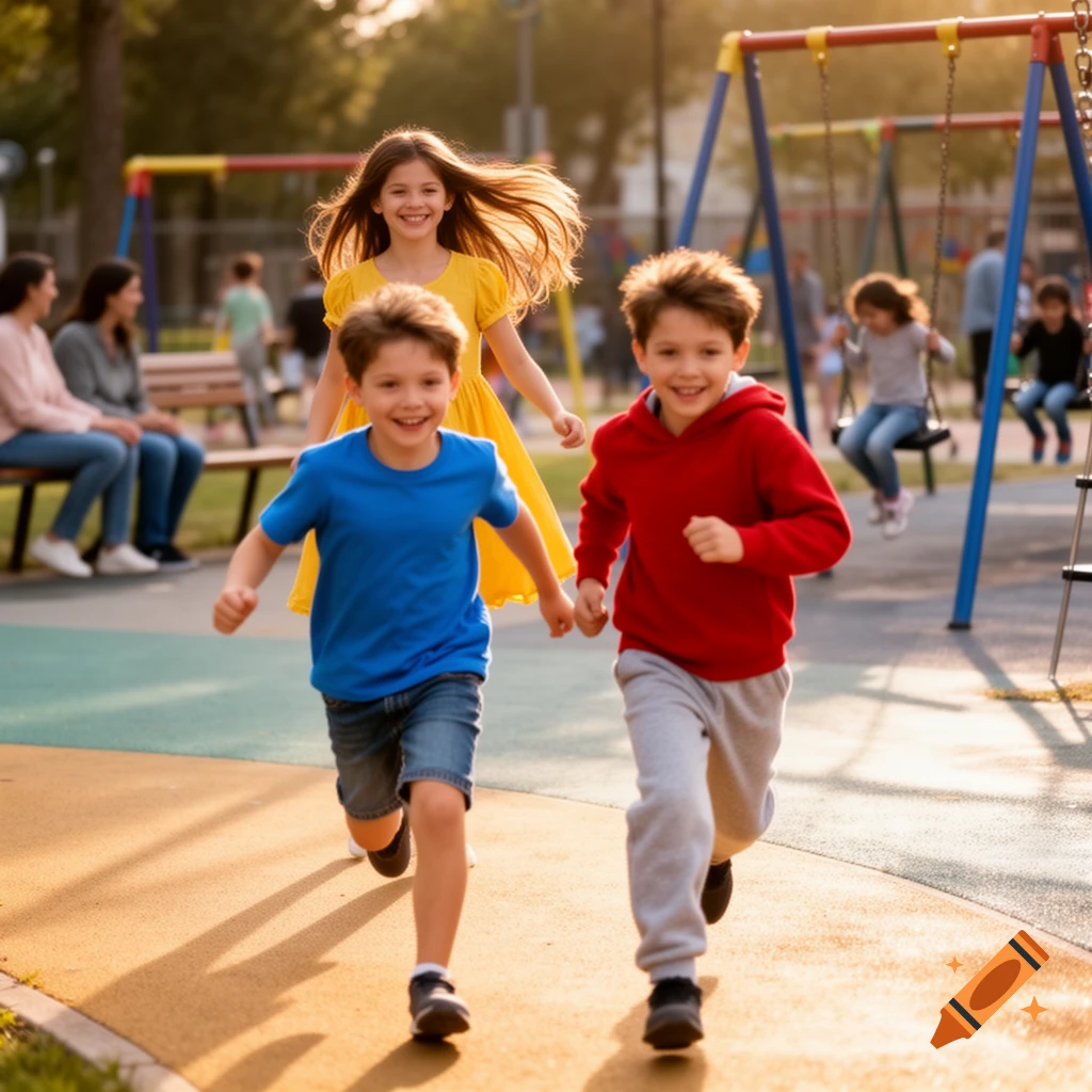 Two boys running with a girl in a yellow dress behind them in a sunny playground, with other children and adults in the background.