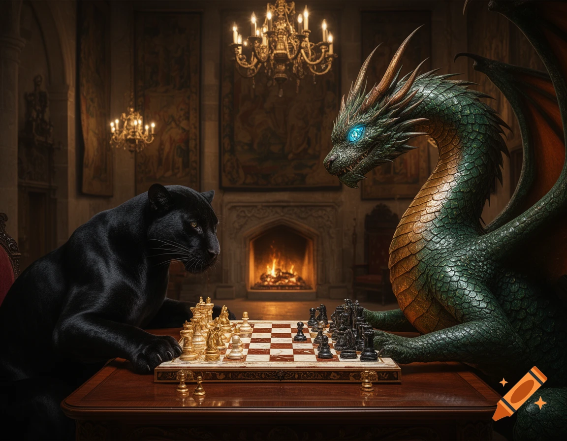 A photorealistic image of a black panther and a green dragon playing chess in a grand, dimly lit hall with a fireplace.