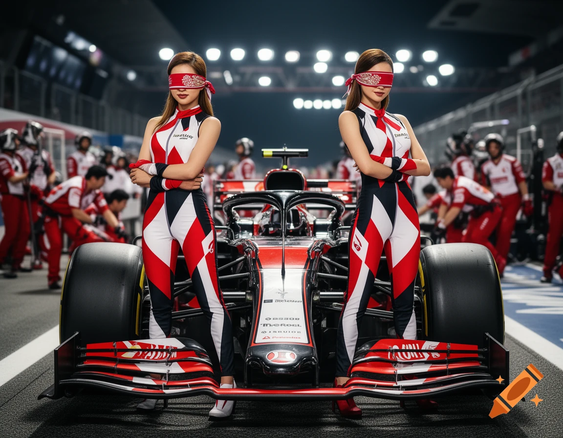 Two blindfolded women in red, white, and black race suits stand with crossed arms in front of a Formula One car on a pit lane at night, photorealistic.