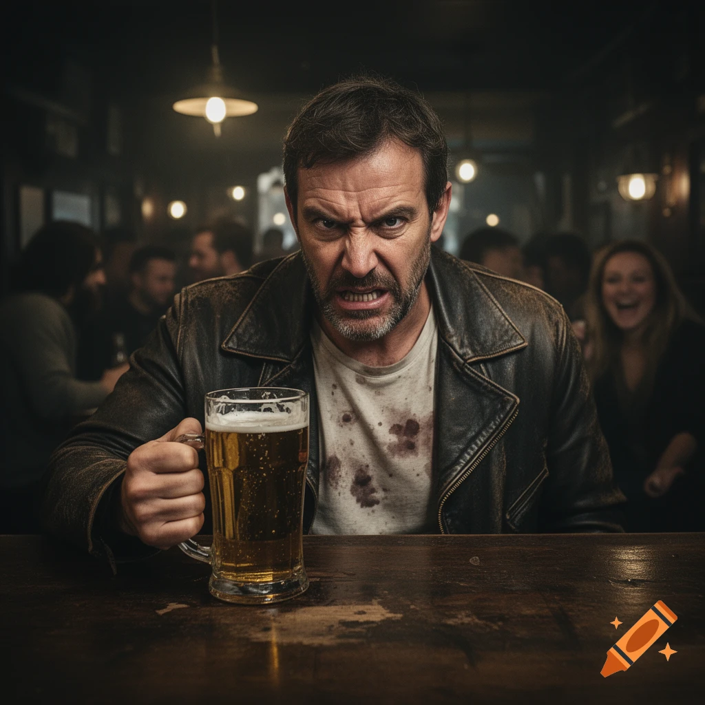 A scowling man in a leather jacket with stains on his t-shirt holds a beer mug at a dark bar, with blurry patrons in the background.
