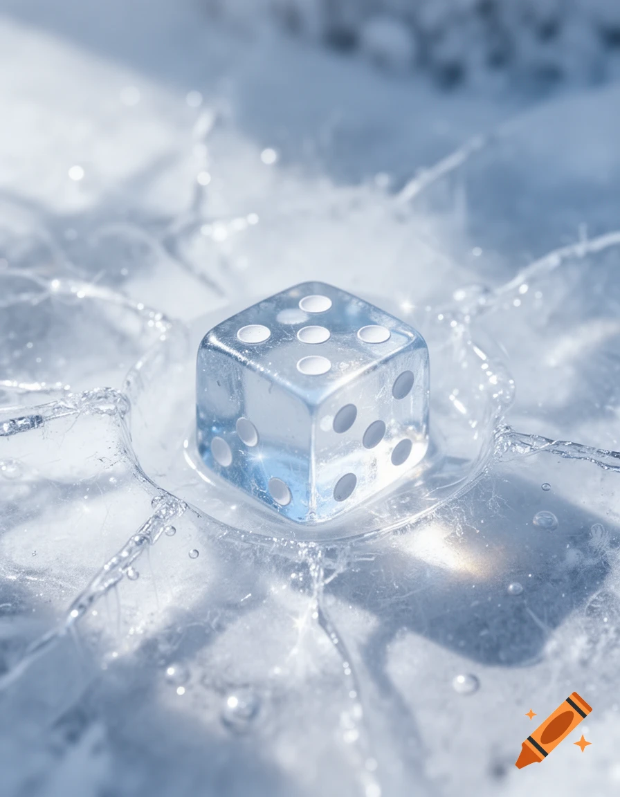 A transparent six-sided die is frozen in intricately cracked ice, with shimmering light and water droplets.