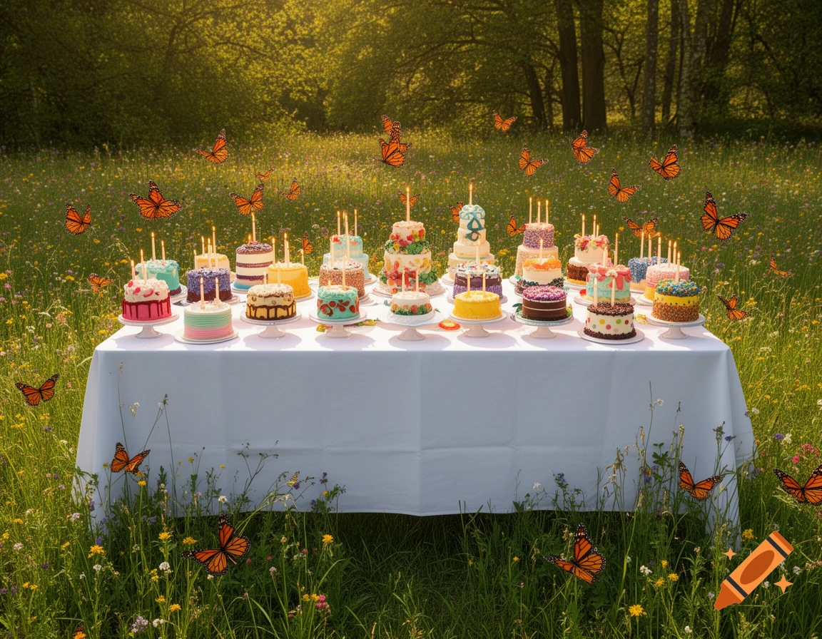 A white table laden with various colorful birthday cakes, each with lit candles, in a sunny meadow filled with monarch butterflies.