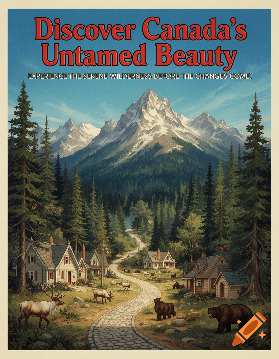 Vintage travel poster depicting a scenic Canadian wilderness with snow-capped mountains, a forest, houses, and a path with deer and bears.