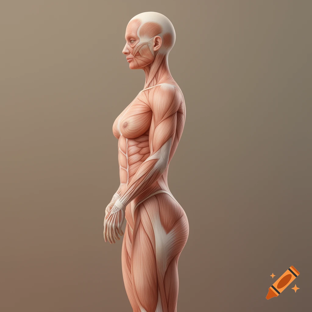 A detailed side profile of a female human muscular system, rendered in a 3D modeling style against a plain background.