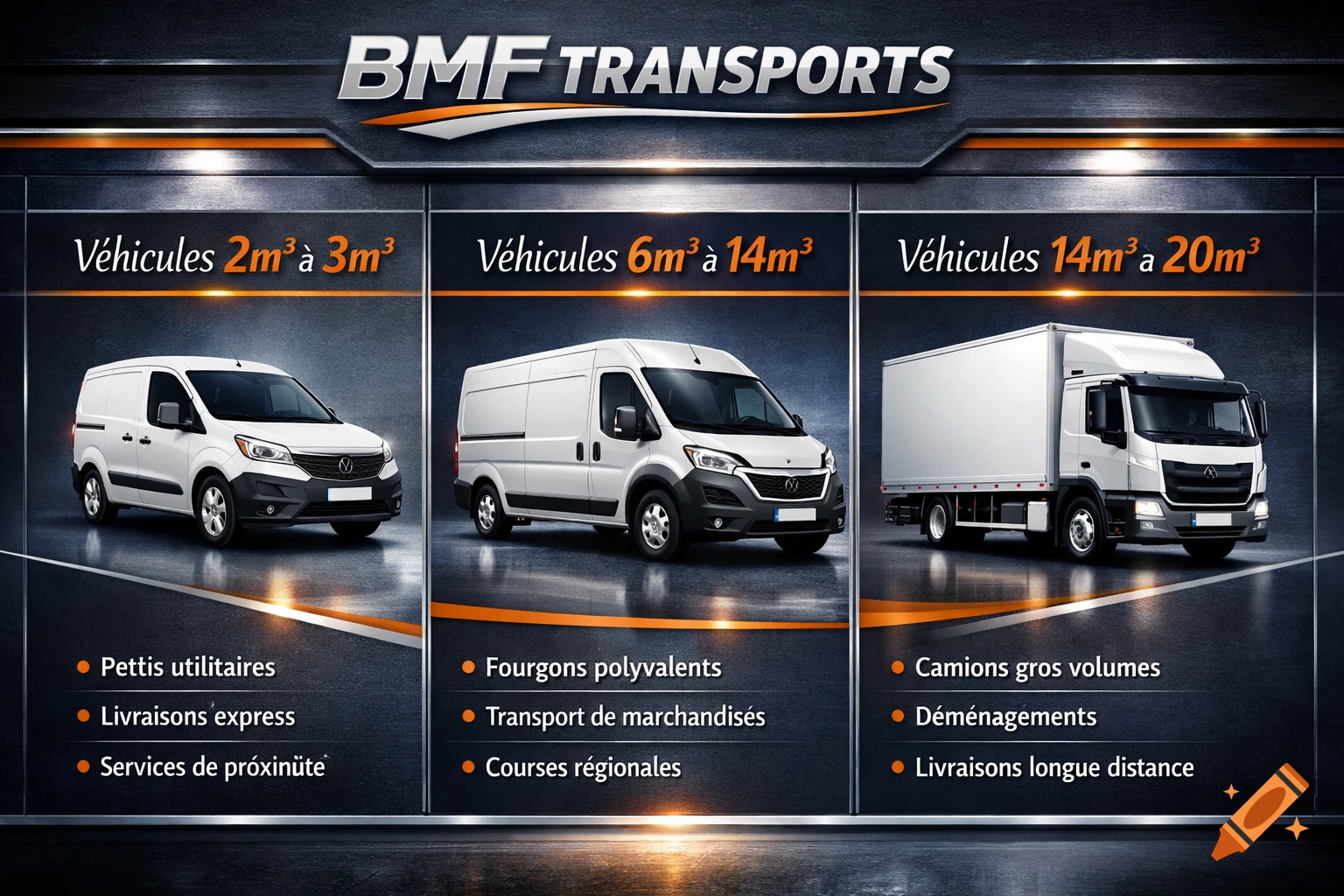 An advertisement for BMF Transports, showing three white delivery vehicles of different sizes against a dark metallic background, detailing their respective cargo volumes and services.