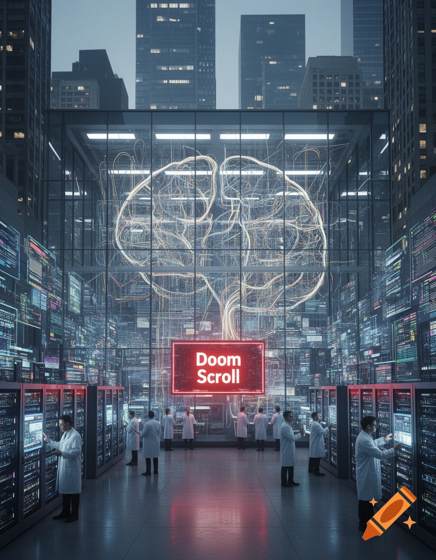 Workers in lab coats within a futuristic data center featuring a glowing neural network and a prominent 'Doom Scroll' sign.