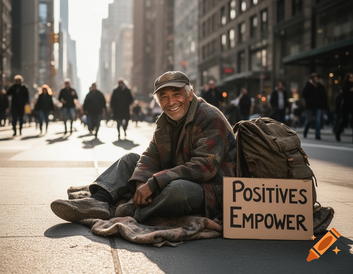 Smiling elderly homeless man sitting on a sunny city street next to a cardboard sign with 'POSITIVES EMPOWER', photorealistic.