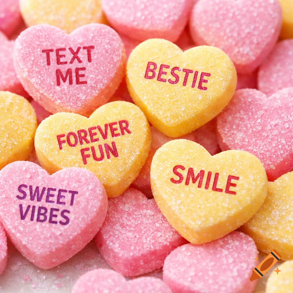 Close-up of pink and yellow heart-shaped candy with messages like 'TEXT ME', 'BESTIE', 'FOREVER FUN', 'SWEET VIBES', and 'SMILE'.