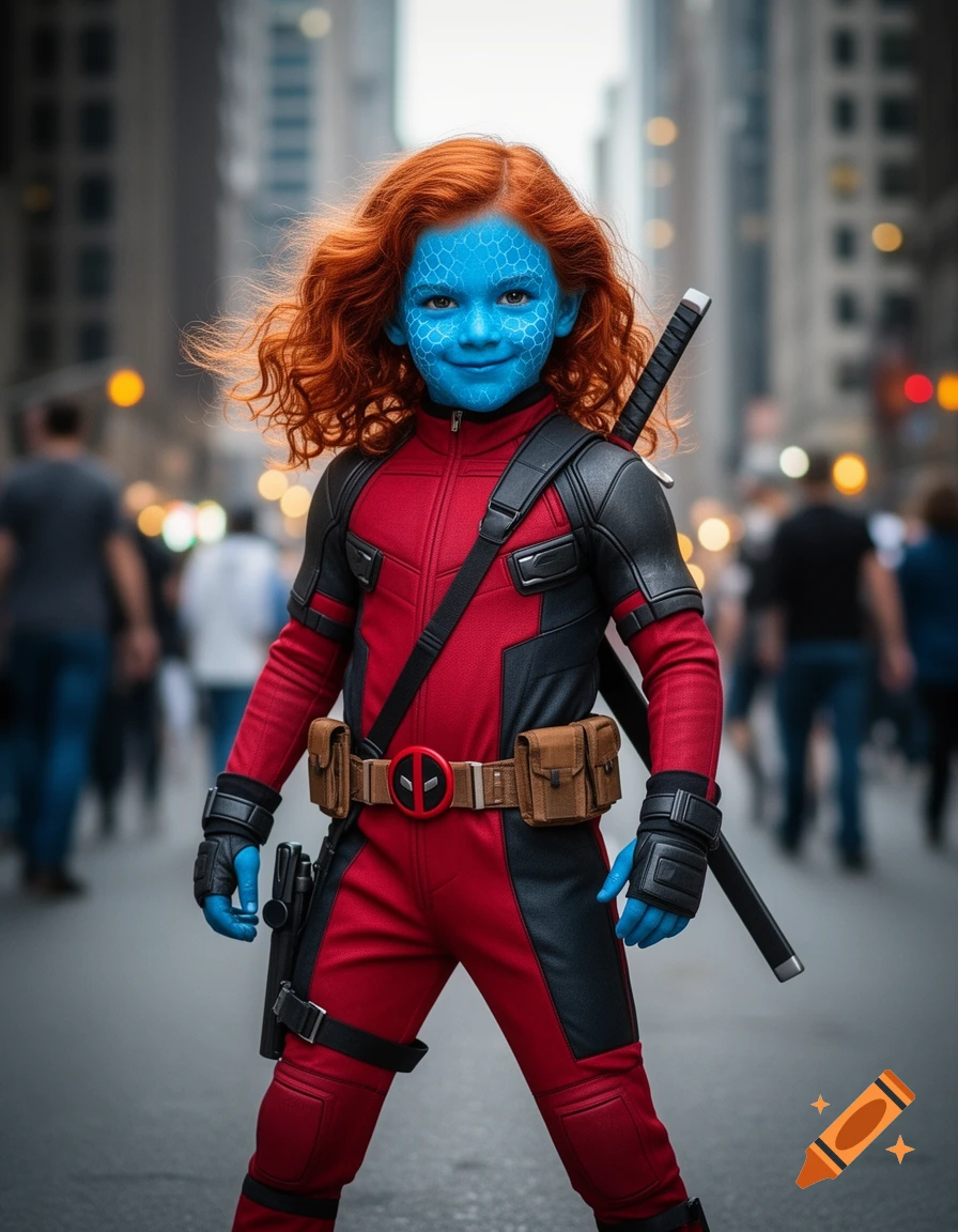 A child with red curly hair and blue scaly skin, dressed in a red and black superhero suit, stands confidently in a city street.