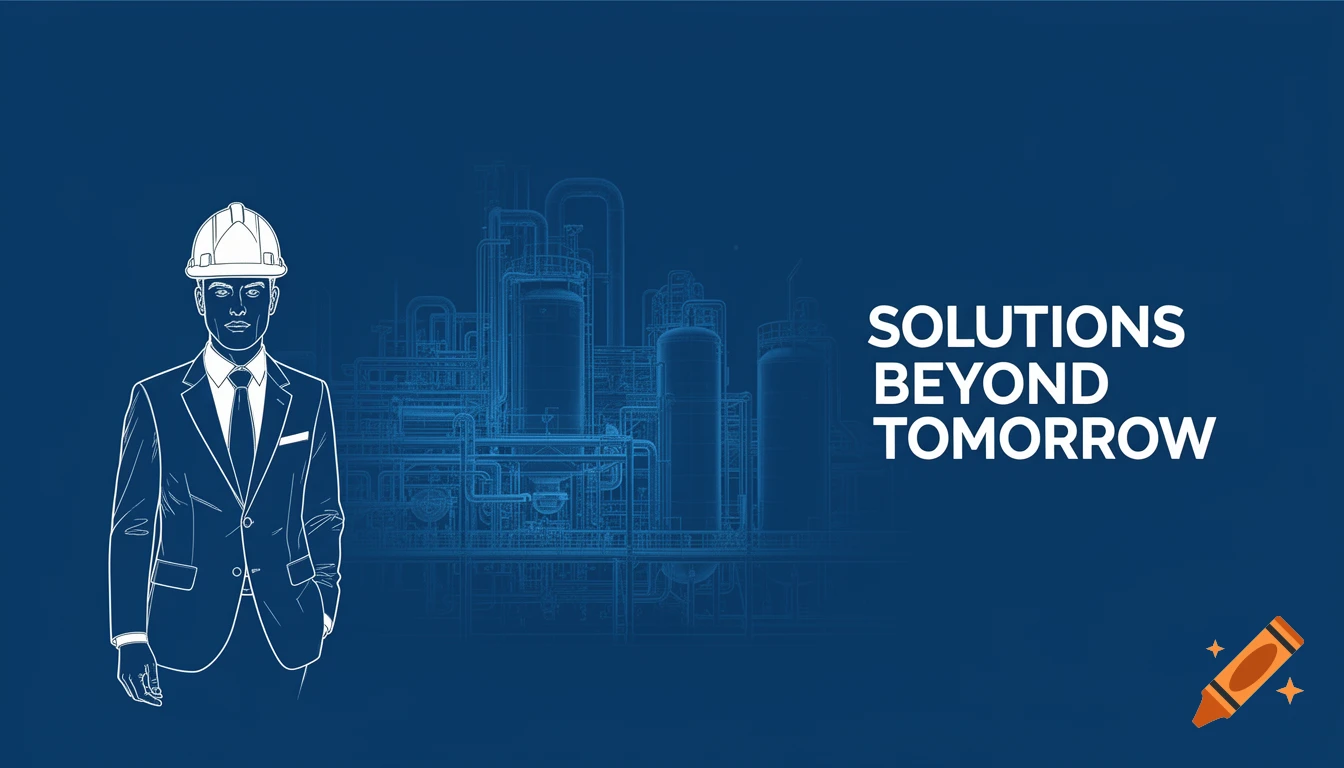 Blueprint-style drawing of an engineer in a hard hat and industrial facilities on a blue background, with text 'SOLUTIONS BEYOND TOMORROW'.