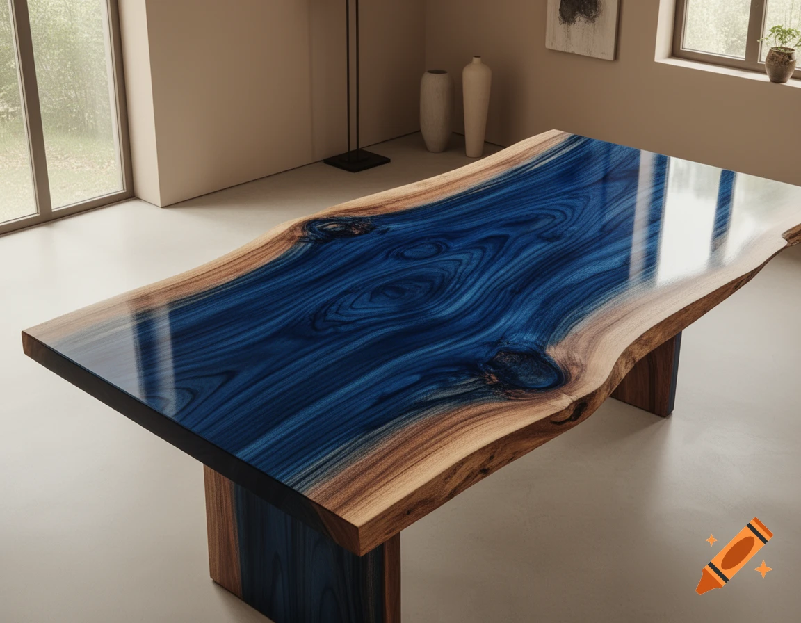 Live-edge wood and blue resin river dining table in a minimalist room with large windows.