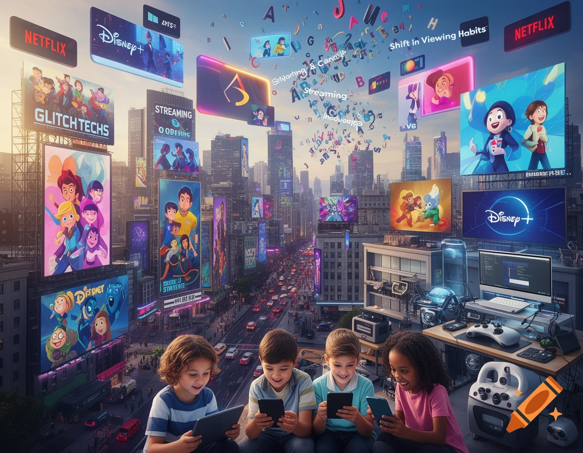 Four children use tablets and phones on a rooftop overlooking a city skyline filled with billboards and floating screens displaying various animated shows and streaming service logos like Netflix and Disney+.