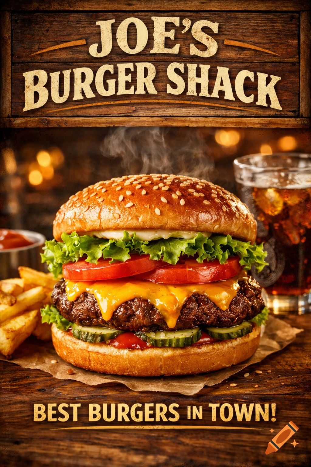 Photorealistic ad for Joe's Burger Shack featuring a steaming cheeseburger with fries and a soda, text reads 'BEST BURGERS IN TOWN!'.