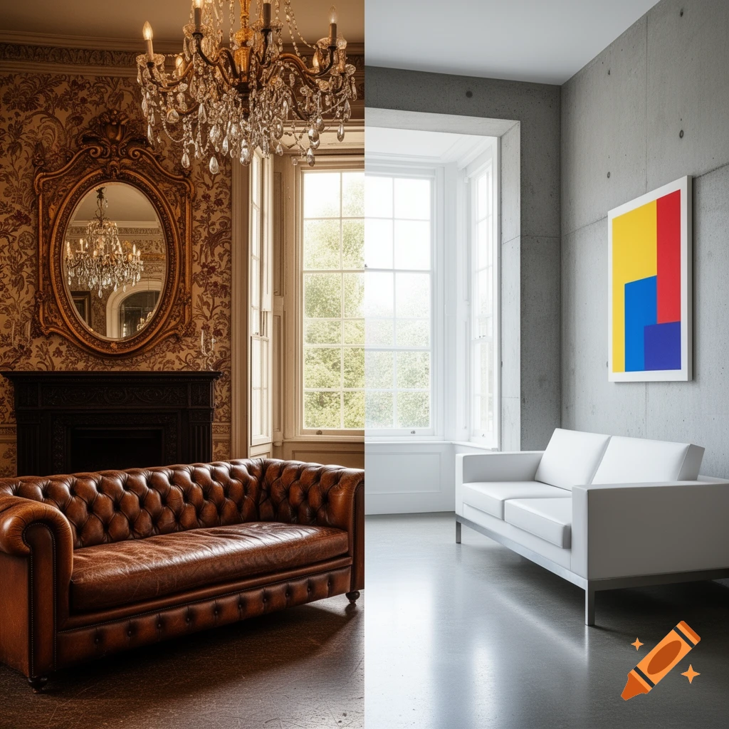 Split image: traditional room with brown leather sofa, ornate decor, and a modern room with white sofa, concrete wall, abstract art.