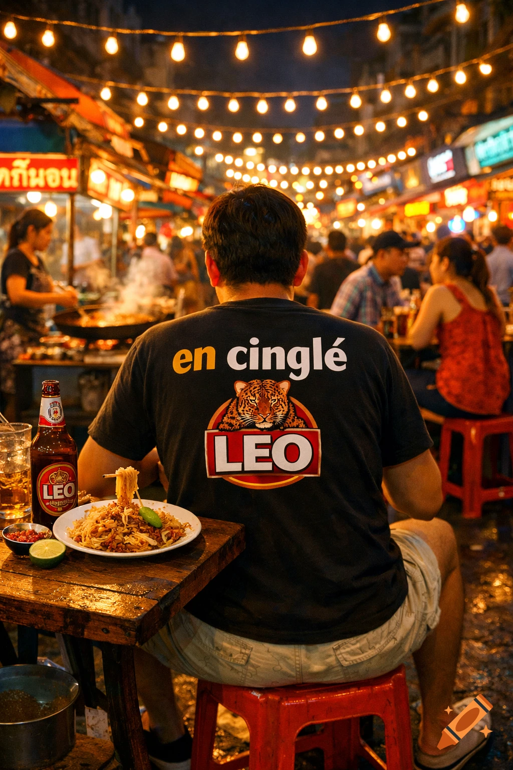 Man eating pad thai at a lively Thai street food market at night, wearing a 'LEO en cingl é' t-shirt. Photorealistic.