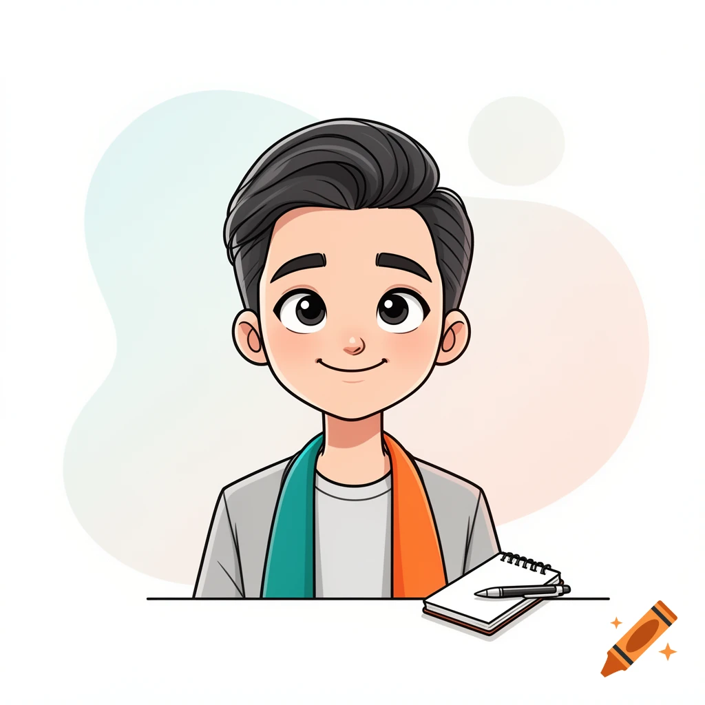 A modern cartoon portrait of a friendly man smiling, wearing a teal and orange scarf, with a notebook and pen.
