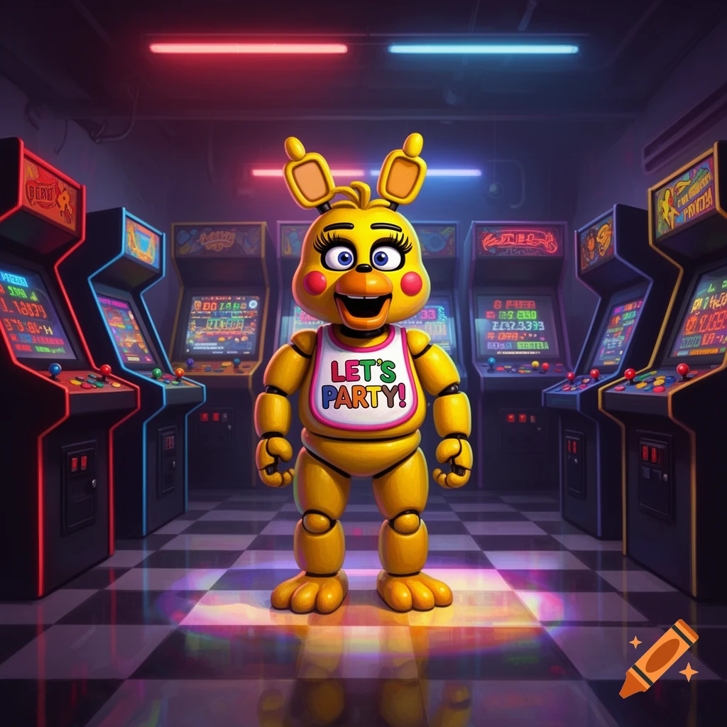 A yellow animatronic chicken with a bib that says 'LET'S PARTY!' stands in a neon-lit arcade.