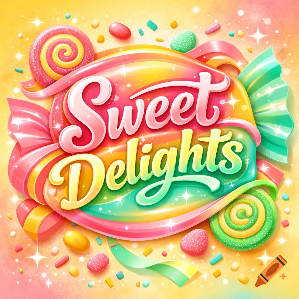 Vibrant candy logo for 'Sweet Delights' with a large rainbow-wrapped candy, lollipops, and sprinkles on a sparkling yellow background.