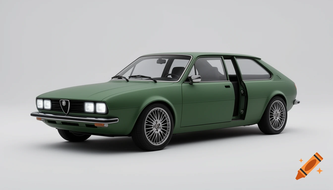 A matte green Alfa Romeo Alfasud concept car with custom wheels, door ajar, on a white background.
