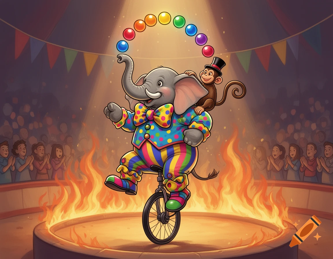 Cartoon elephant in clown attire rides a unicycle through a ring of fire, juggling balls, with a monkey on its shoulder, in a circus.
