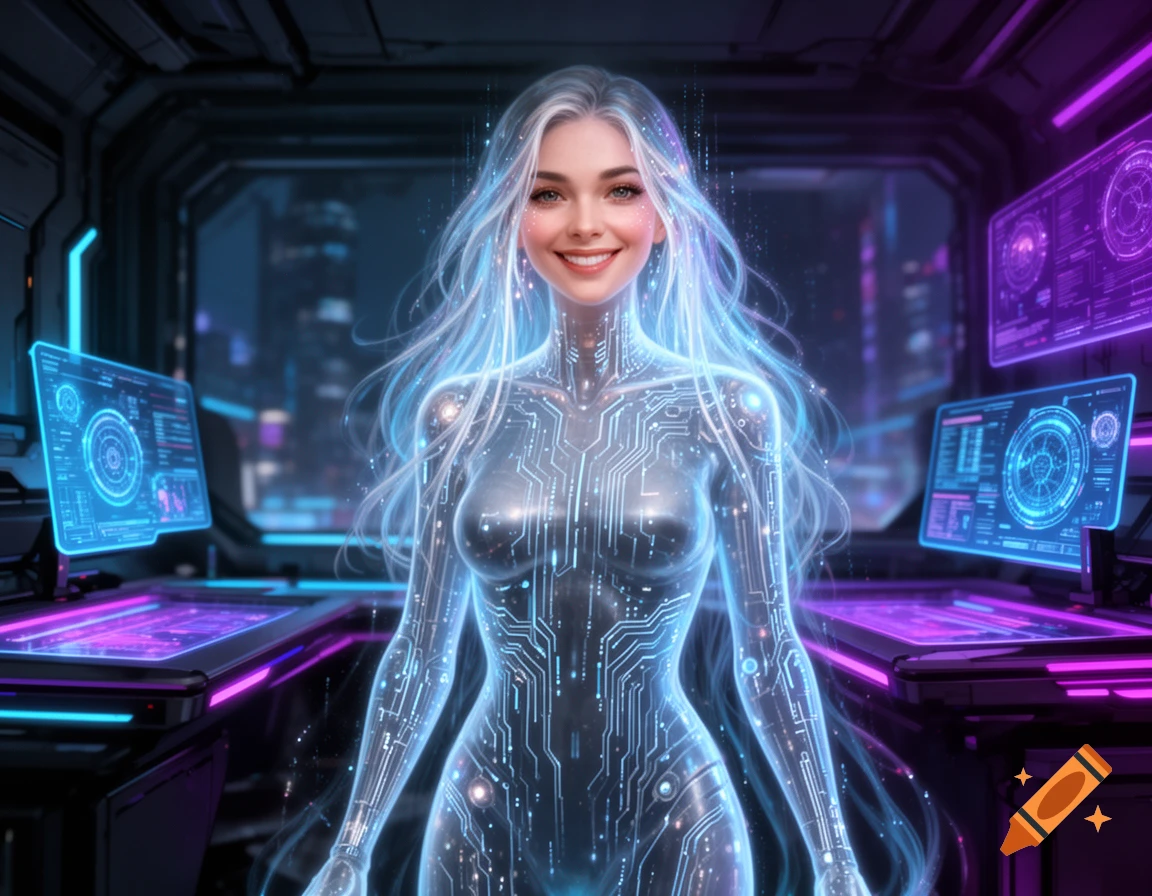 A smiling futuristic female digital entity with glowing circuits and hair in a cyberpunk office.
