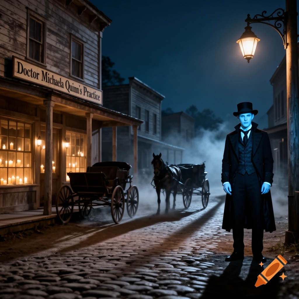 A blue-skinned man in a black coat and top hat stands on a cobblestone street at night in front of a doctor's office, with a horse-drawn carriage in the background.