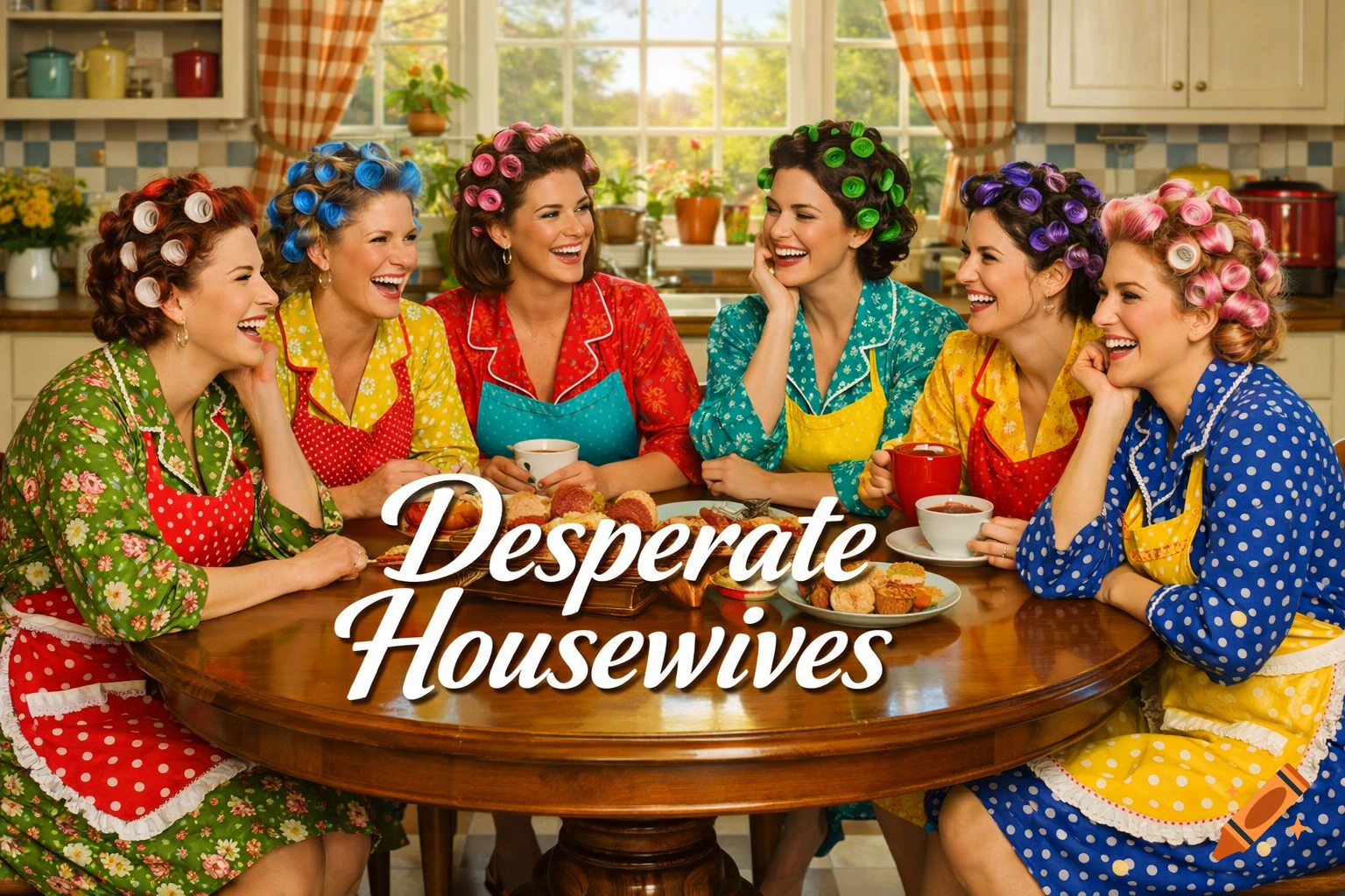 Six cheerful women in colorful pajamas, curlers, and aprons laugh around a kitchen table with coffee and pastries. Text reads Desperate Housewives.