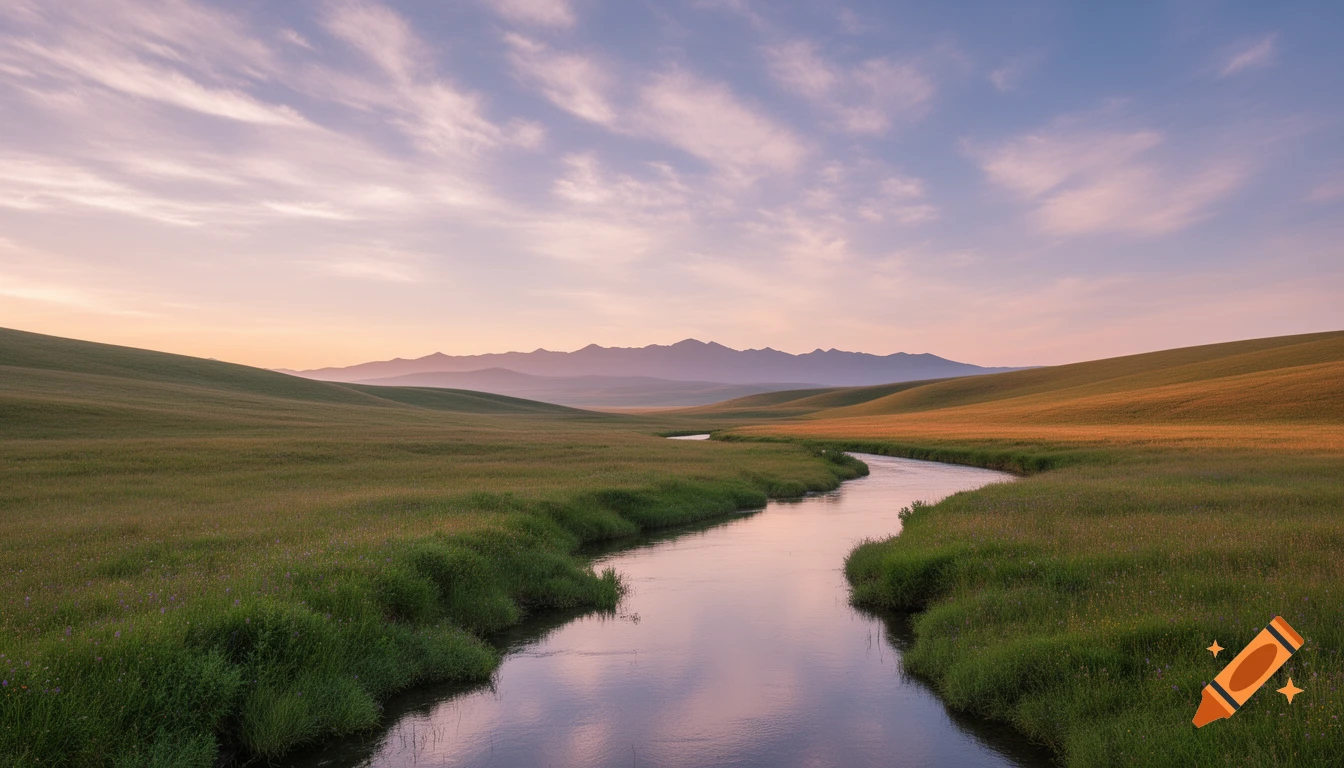 A photorealistic landscape of a winding river flowing through green, rolling hills towards distant mountains under a soft, colorful sky.