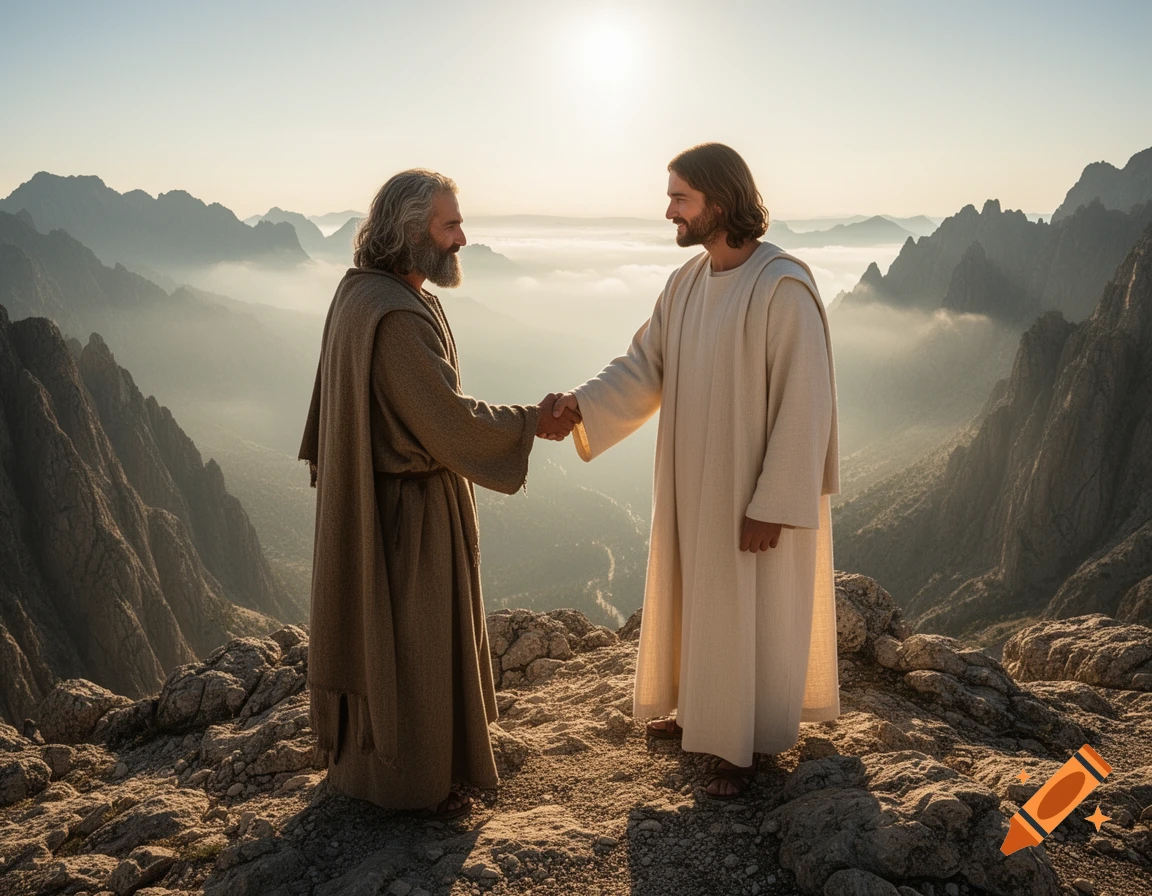 Moses and Jesus shake hands on a rocky mountain peak with a vast, misty mountain range at sunrise.