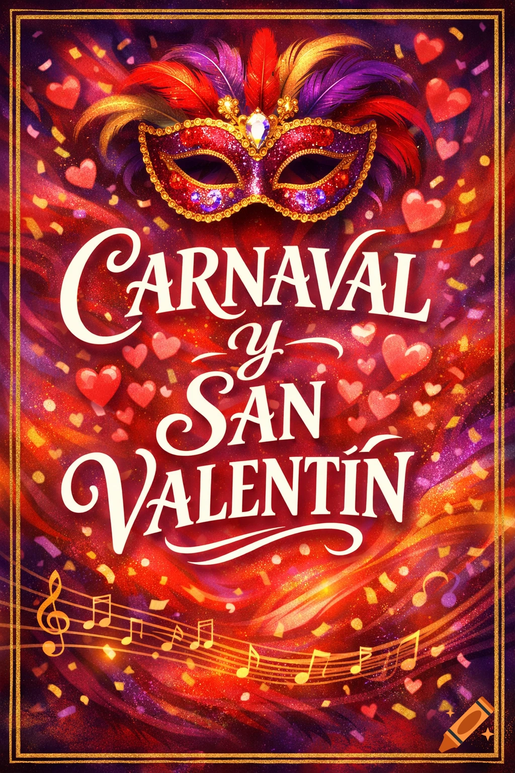 A vibrant poster for Carnival and Valentine's Day featuring a feathered mask, hearts, confetti, and musical notes on a red background.