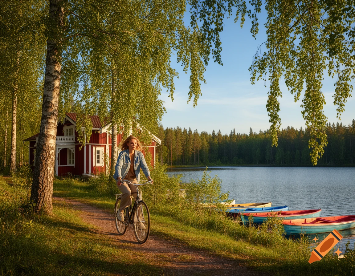 A woman cycles on a dirt path beside a lake with colorful boats, a red house, and birch trees under a sunny sky.