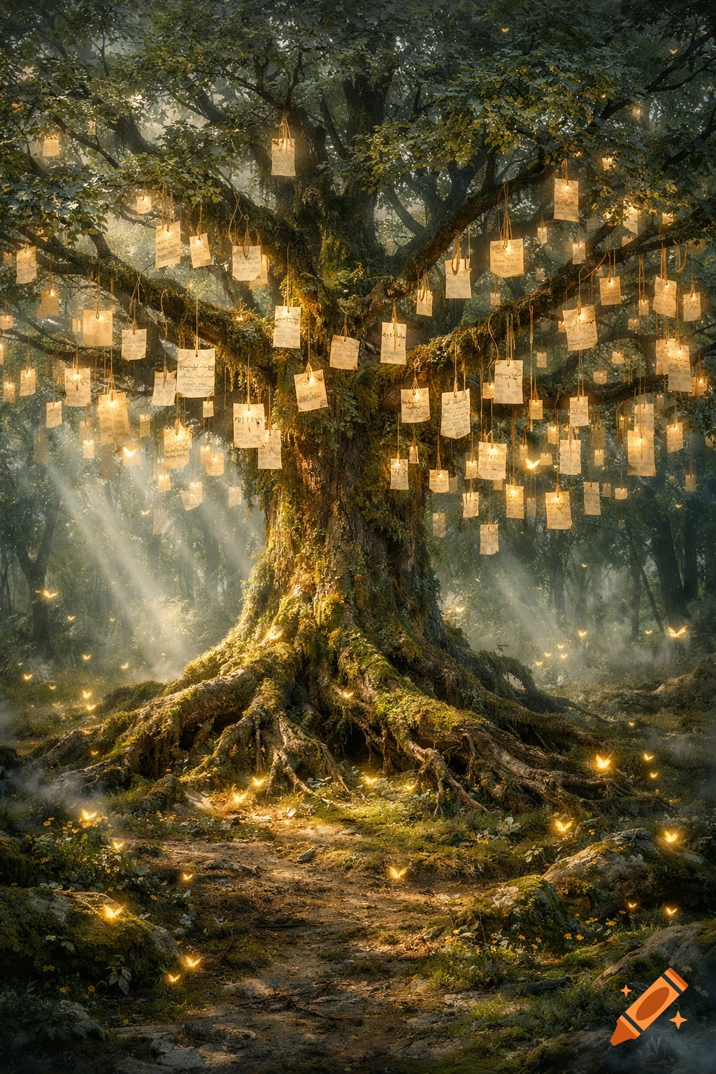 A magical fantasy tree, "The Letter Tree," with glowing handwritten notes hanging from its moss-covered branches in a misty forest with fireflies.