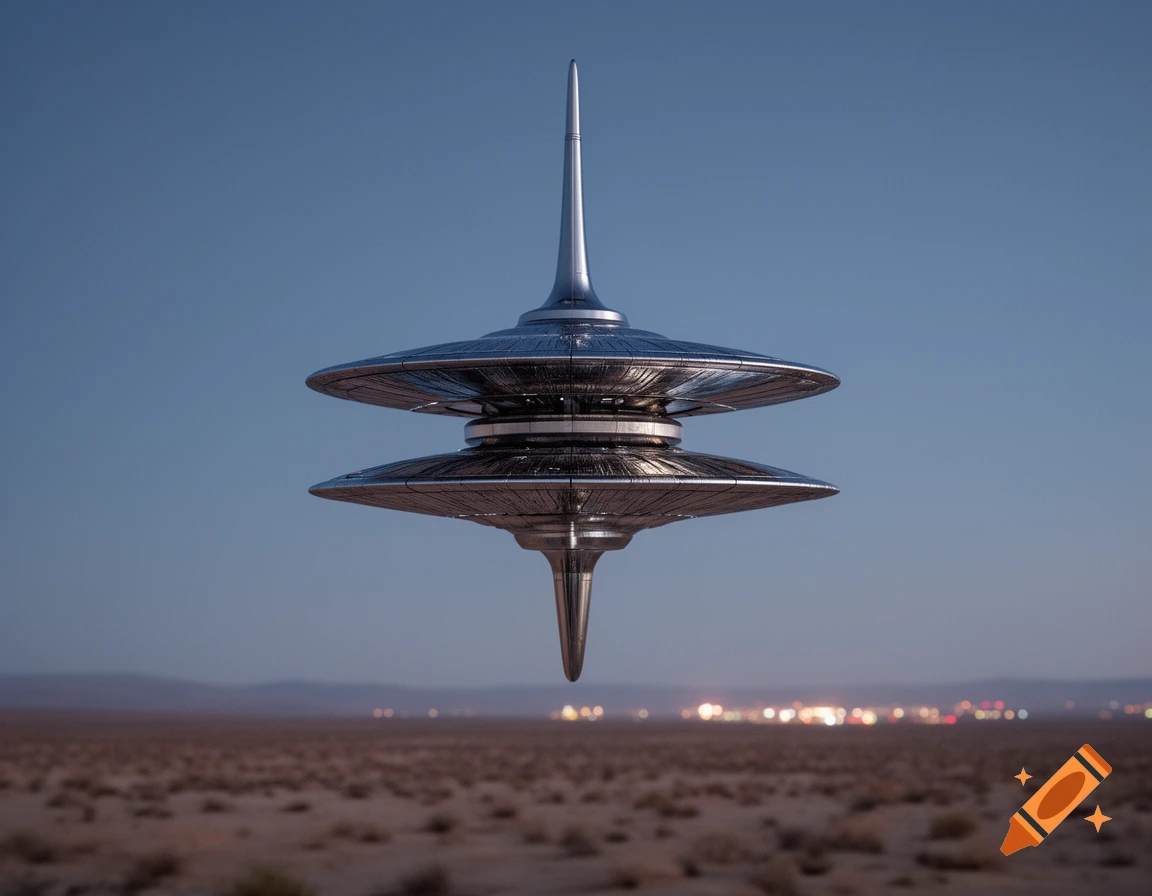 A sleek, metallic, two-tiered UFO with a pointed top hovers above a vast desert landscape with distant lights at dusk.